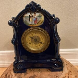 Antique Blue Porcelain Mantel Clock French SF Movement Victorian Not Working